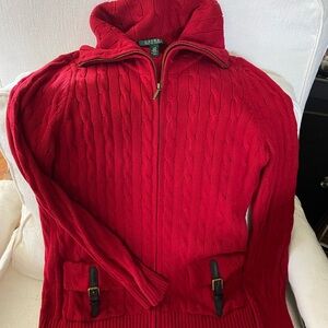 Ralph Lauren Bright Red Cable-Knit Zip Sweater